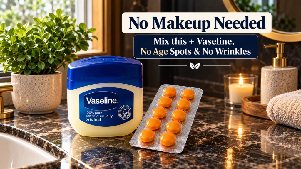 A tub of Vaseline 100 Pure Petroleum Jelly and a blister pack of orange capsules on a dark reflective marble countertop 