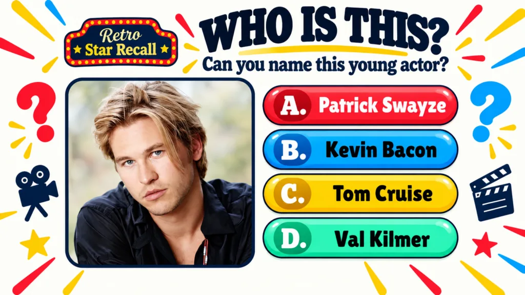A Who Is This quiz for Retro Star Recall featuring a headshot of a young blonde male actor with a soft blurred backgroun