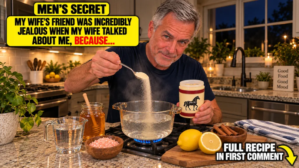A middle-aged man smiling warmly actively pouring a granular substance from a spoon into a simmering glass pot on a stov