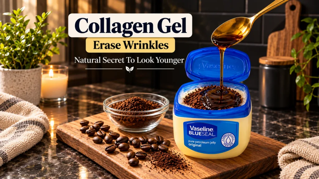 A tub of Vaseline filled with coffee grounds being stirred with a golden spoon surrounded by coffee beans and a lit cand