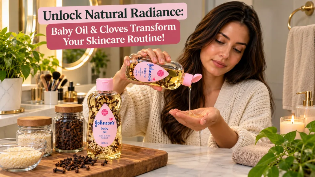 A woman pouring clove-infused baby oil from a bottle into her hand with another bottle dried cloves and rice visible on 