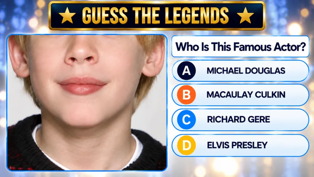 A mobile-game style quiz interface titled GUESS THE LEGENDS The central subject is a cropped close-up of a young boy s f