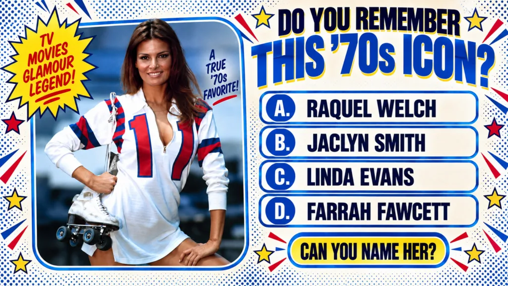 Retro-themed quiz poster featuring Raquel Welch in a white sporty shirt with red and blue accents holding white roller s