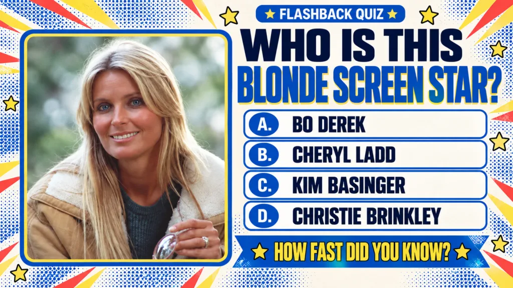 Retro-style quiz poster featuring Cheryl Ladd with blonde hair wearing a collared jacket and holding glasses surrounded