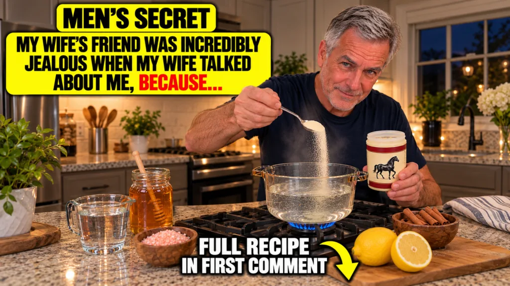 A smiling man in a home kitchen adding a granular substance from a spoon into a glass pot of water simmering on a gas st