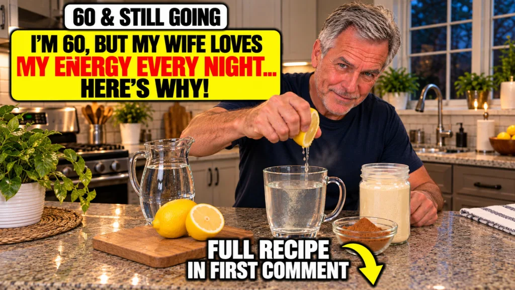 A mature man likely in his 60s is in a well-lit kitchen actively squeezing a fresh lemon into a glass of warm water On t