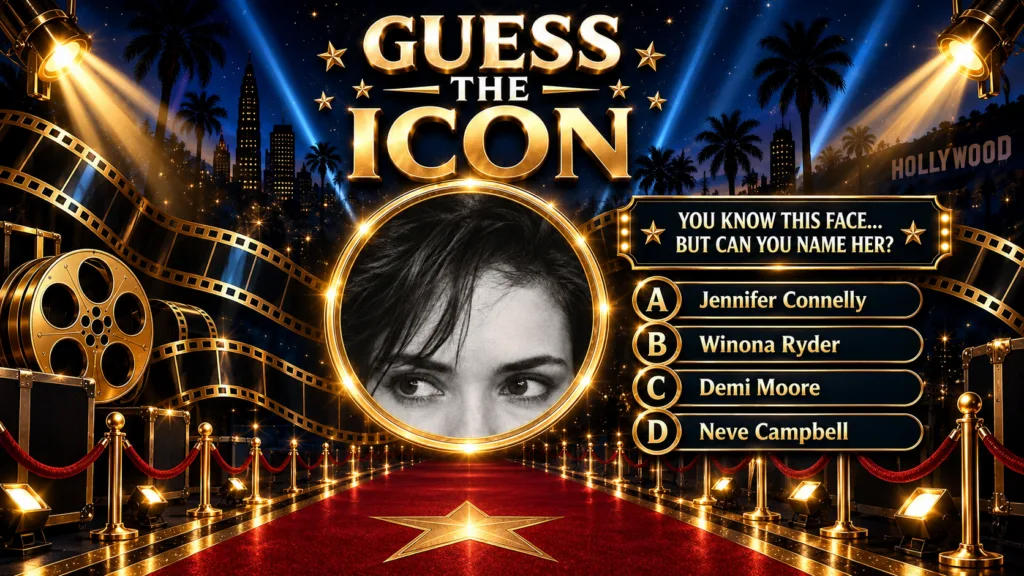 A vertical quiz graphic titled GUESS THE ICON featuring a black and white close-up of a woman s eyes and forehead framed