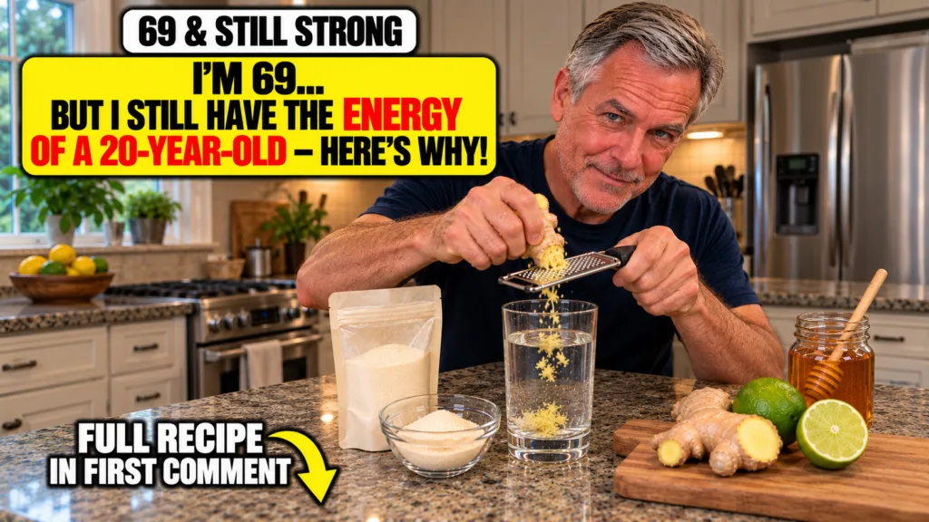 A man in a modern kitchen smiling as he grates fresh ginger into a glass Ingredients like whole ginger lemons and a jar