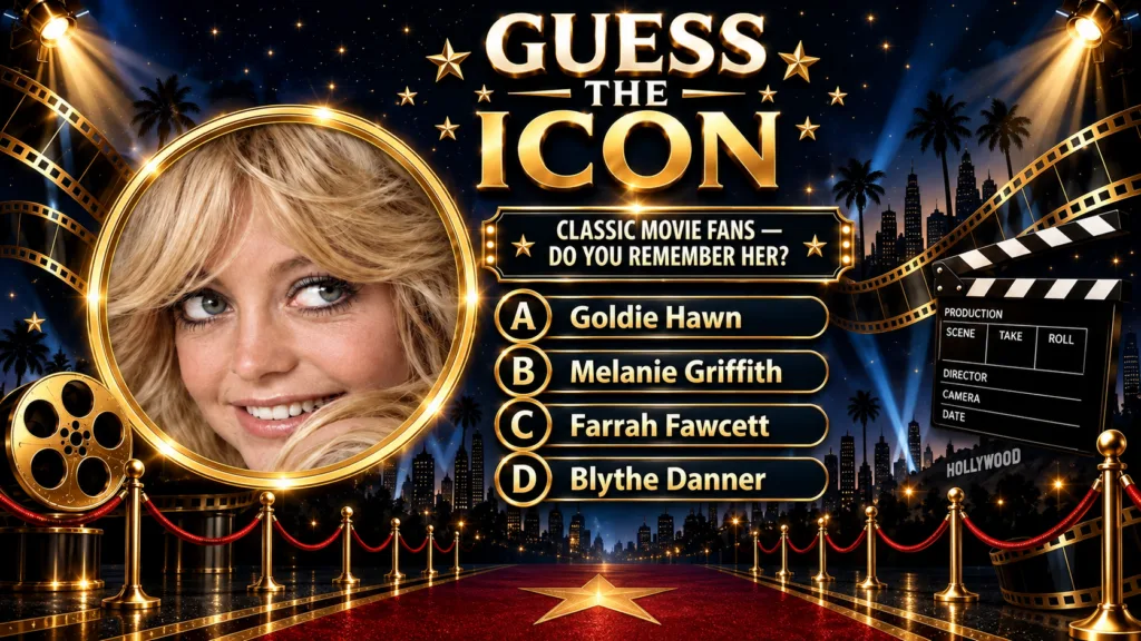 A movie-themed quiz with a central circular portrait of a smiling blonde woman Goldie Hawn framed by gold Above GUESS TH