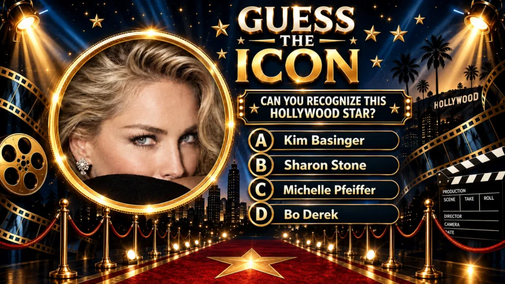 A vertical quiz poster featuring a close-up of Hollywood star Sharon Stone in a golden circular frame The background is