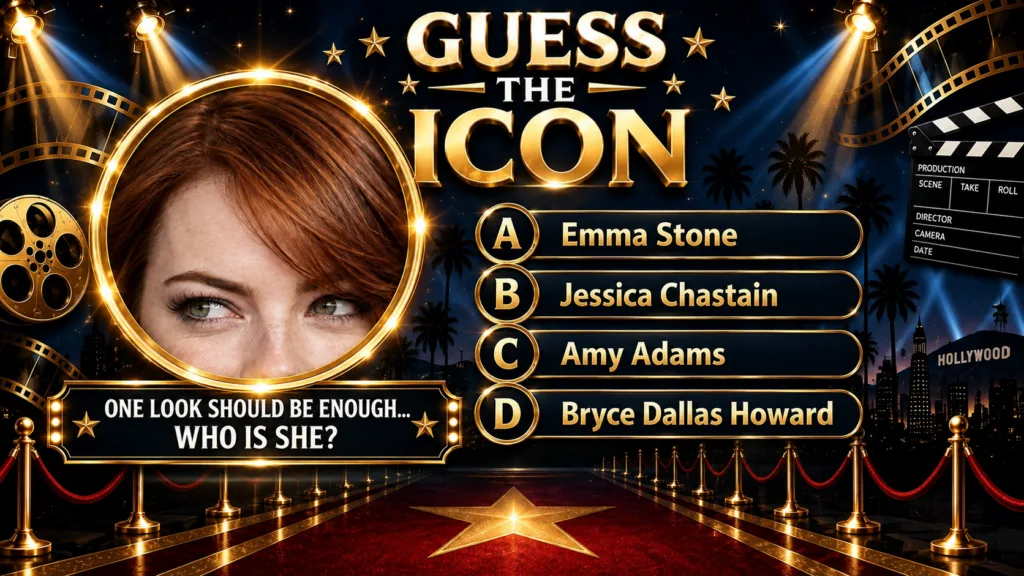 A vibrant Guess the Icon quiz poster in a vertical format featuring a close-up of a red-haired woman s eyes framed by a