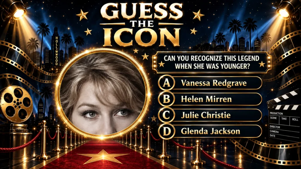 A Guess the Icon quiz poster with a close-up of a young woman s eyes and forehead framed in a golden circle The backgrou
