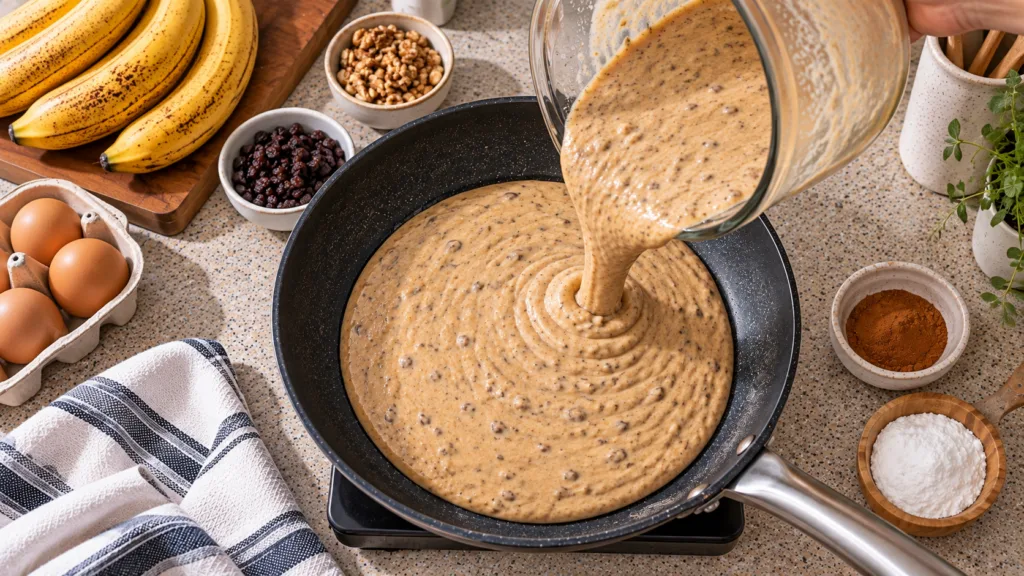 Overhead view of banana pancake batter being poured from a glass bowl into a frying pan with ingredients like bananas wa