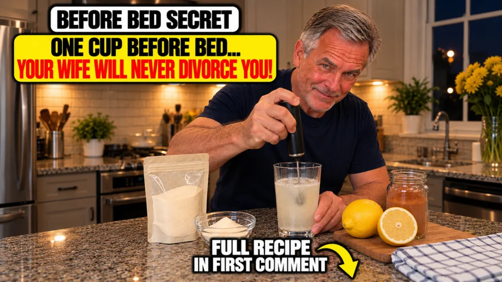 A cheerful middle-aged man in a warm-toned kitchen actively mixing The Evening Elixir in a glass Fresh lemons a pouch of