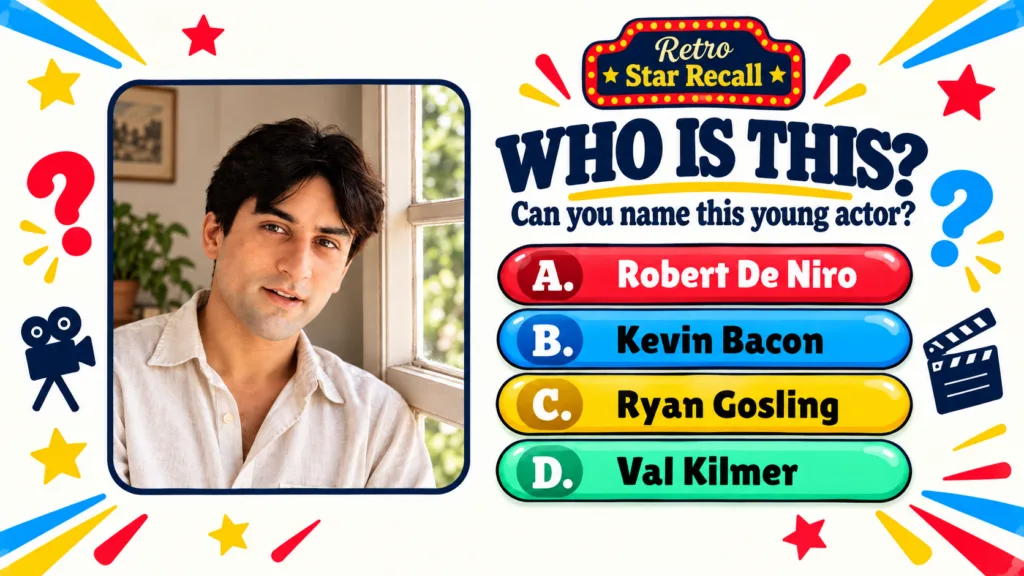A retro-style quiz graphic asking WHO IS THIS with a portrait of a young Robert De Niro smiling gently against a window