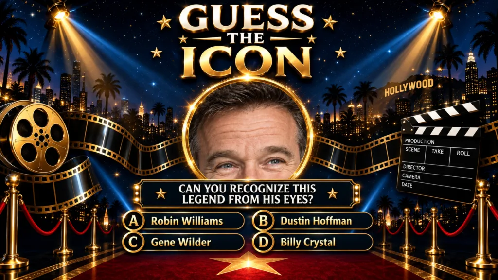 A game poster titled GUESS THE ICON featuring a close-up of Robin Williams expressive eyes framed in a golden circle The