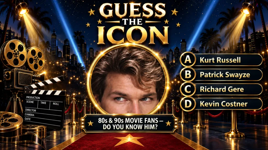 A quiz image for Guess The Icon featuring a headshot of Patrick Swayze in a golden frame surrounded by cinematic element