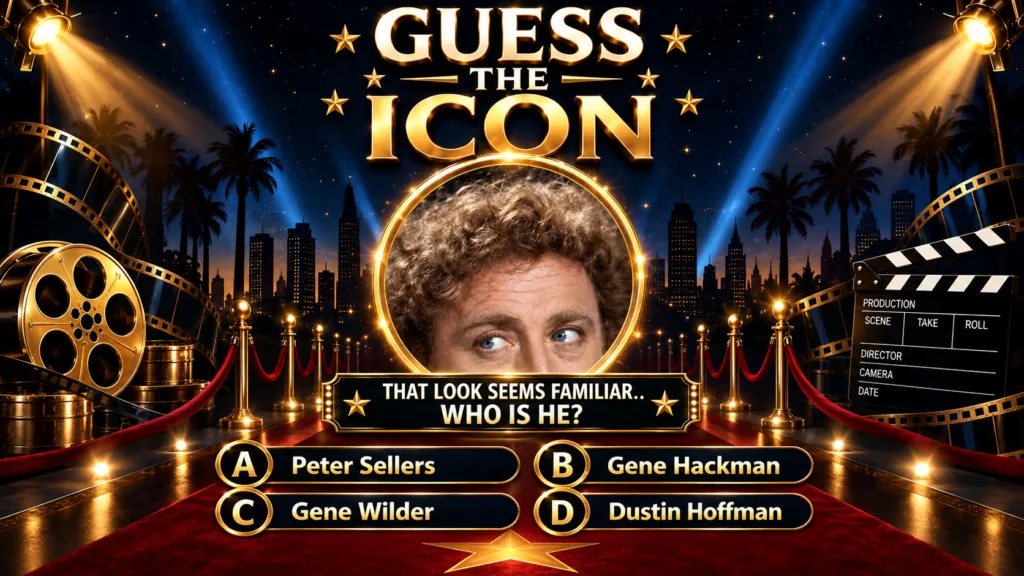A vertical quiz graphic titled GUESS THE ICON featuring a close-up of Gene Wilder s face framed in gold against a dark b