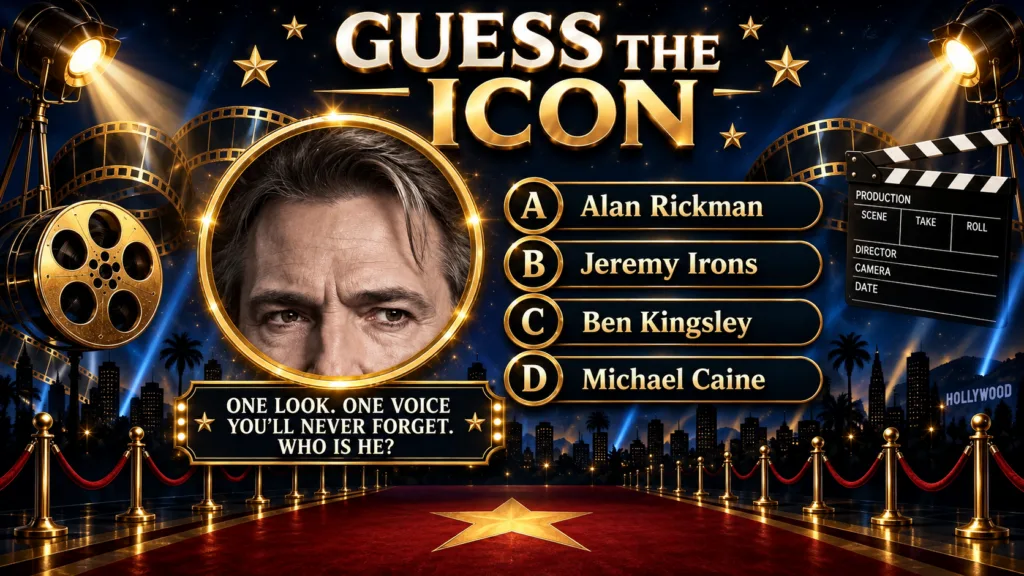 A Guess the Icon quiz graphic featuring a close-up of an older male actor s face in a glowing golden circle against a da