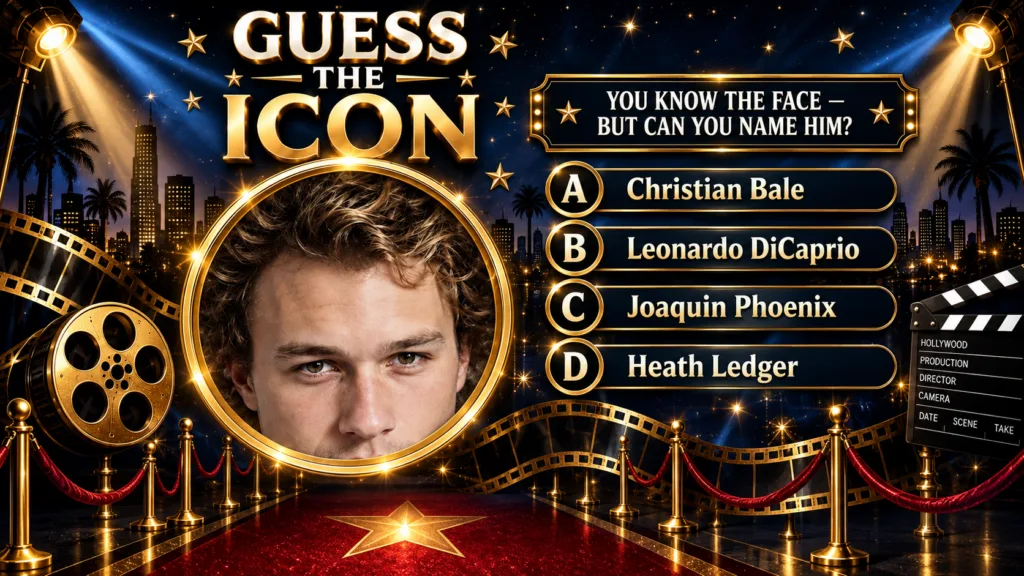 A vertical quiz poster featuring a close-up portrait of Heath Ledger centered within a golden circular frame The backgro