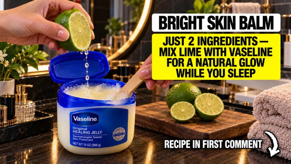 Hands mixing fresh lime juice into a tub of Vaseline with a small wooden spatula on a vanity table with a mirror and pla