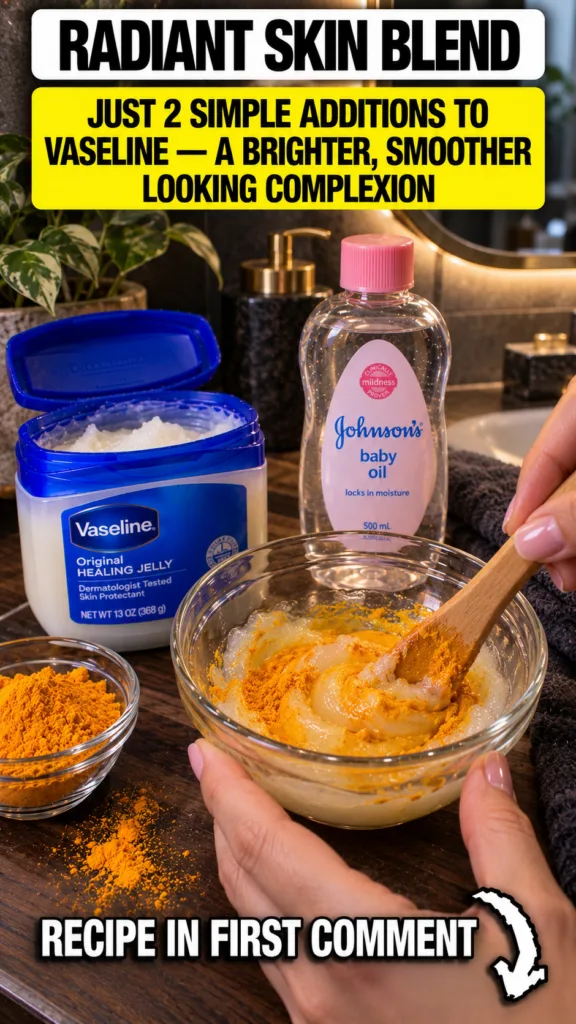 Hands mixing Vaseline and turmeric powder in a glass bowl with a wooden spoon An open tub of Vaseline a bottle of baby o