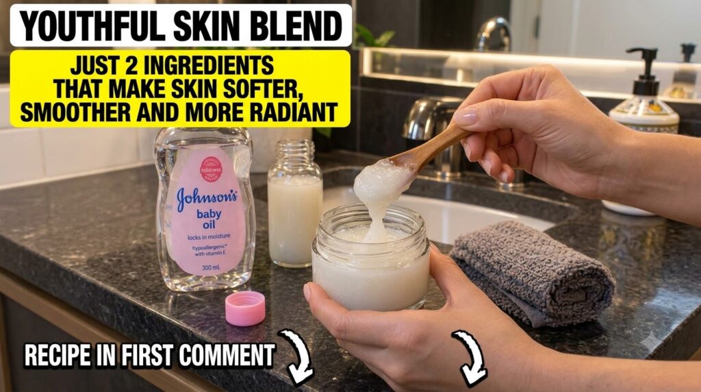 A person s hands holding a clear glass jar containing a natural liquid beauty blend with a wooden spoon stirring the mix