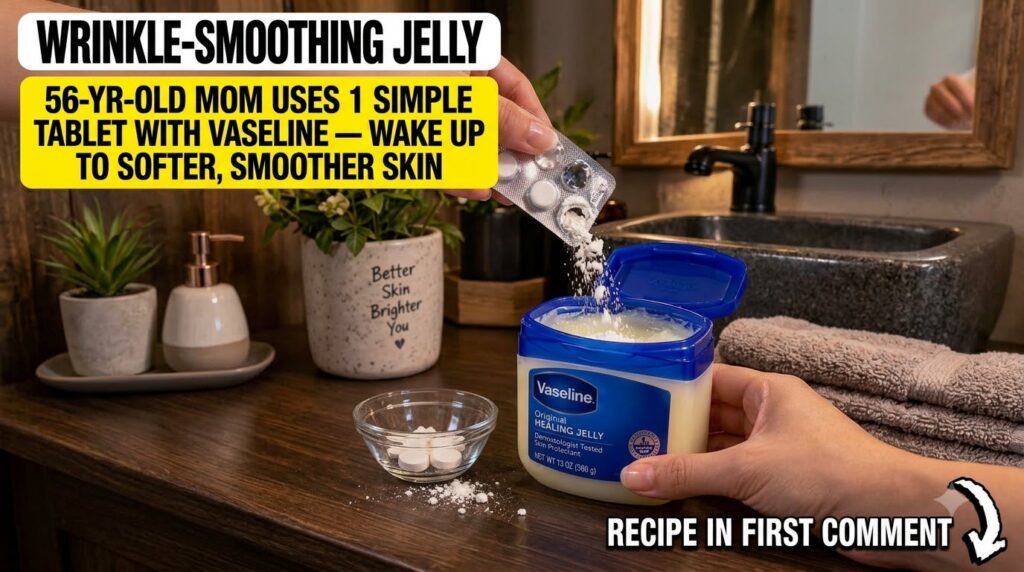 Hands carefully crushing aspirin tablets and mixing the fine white powder into a jar of Vaseline original healing jelly