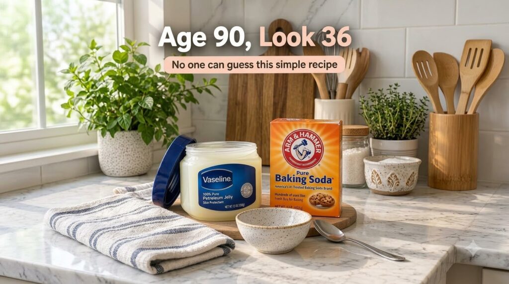 An open jar of Vaseline Petroleum Jelly and a box of Arm Hammer Baking Soda on a wooden cutting board with a small ceram