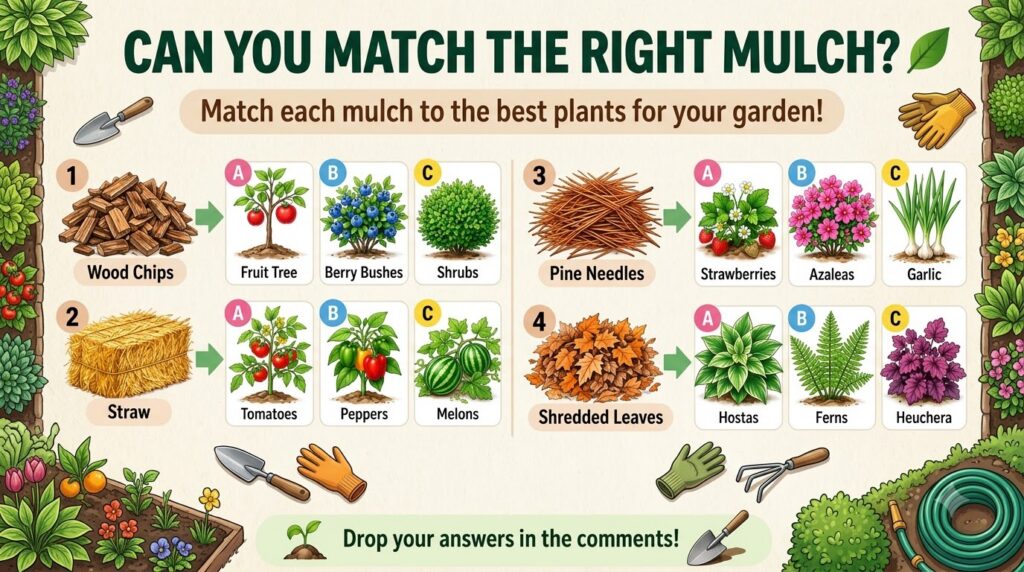 An infographic quiz titled CAN YOU MATCH THE RIGHT MULCH showing four types of mulch Wood Chips Straw Pine Needles Shred