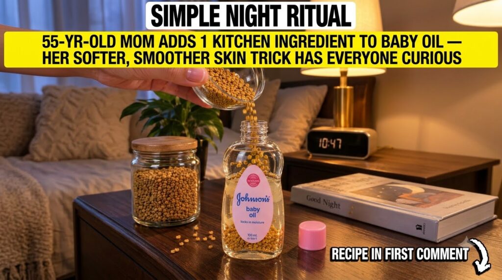 A small glass bowl containing yellow turmeric powder next to a bottle of clear baby oil on a wooden surface with a hand 