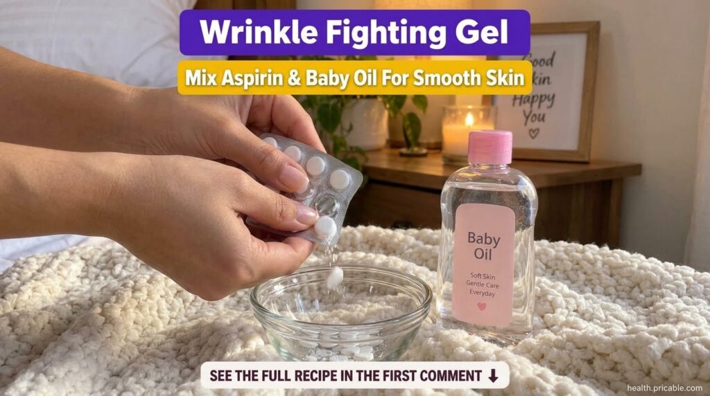 Hands pressing aspirin tablets from a blister pack into a glass bowl with a bottle of baby oil next to it all on a knit 
