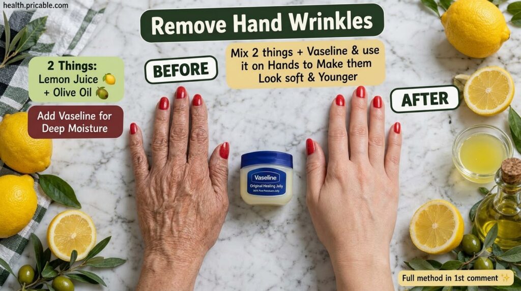 Split-screen showing a BEFORE image of a wrinkled hand next to an AFTER image of a smoother younger-looking hand with le