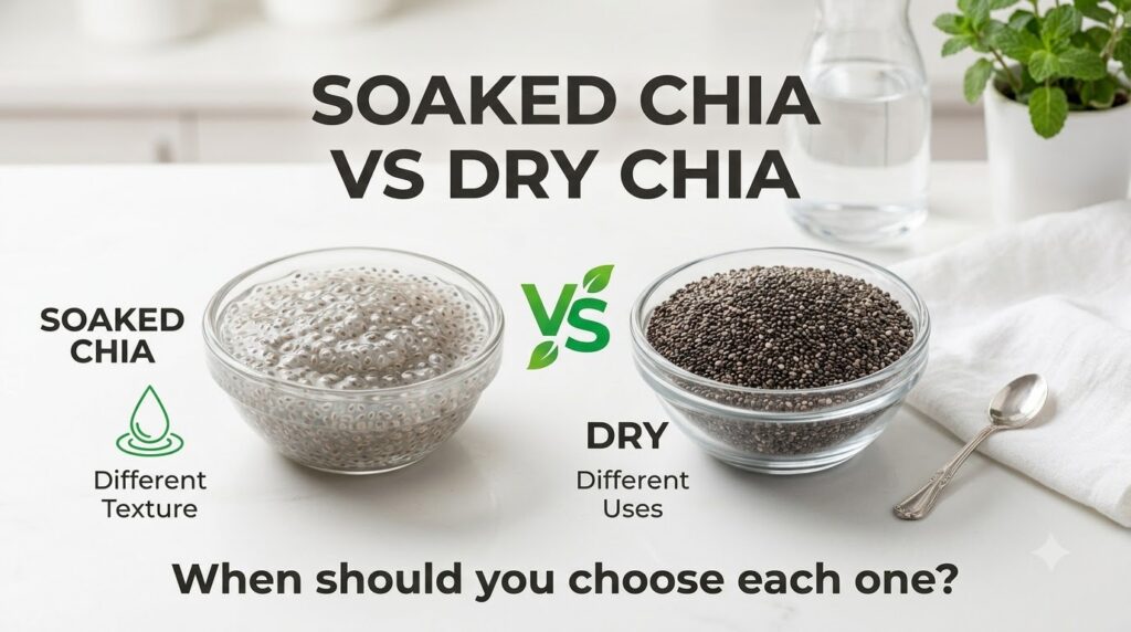 Two clear glass bowls one with translucent soaked chia seeds suspended in liquid and the other with dry dark chia seeds