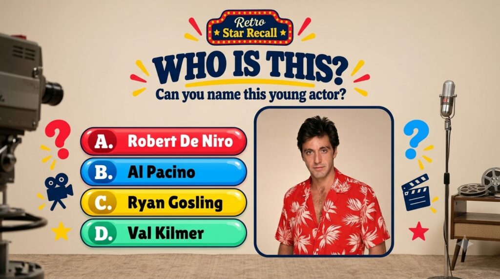 A quiz image featuring a young Al Pacino wearing a red Hawaiian shirt with WHO IS THIS and Retro Star Recall banners