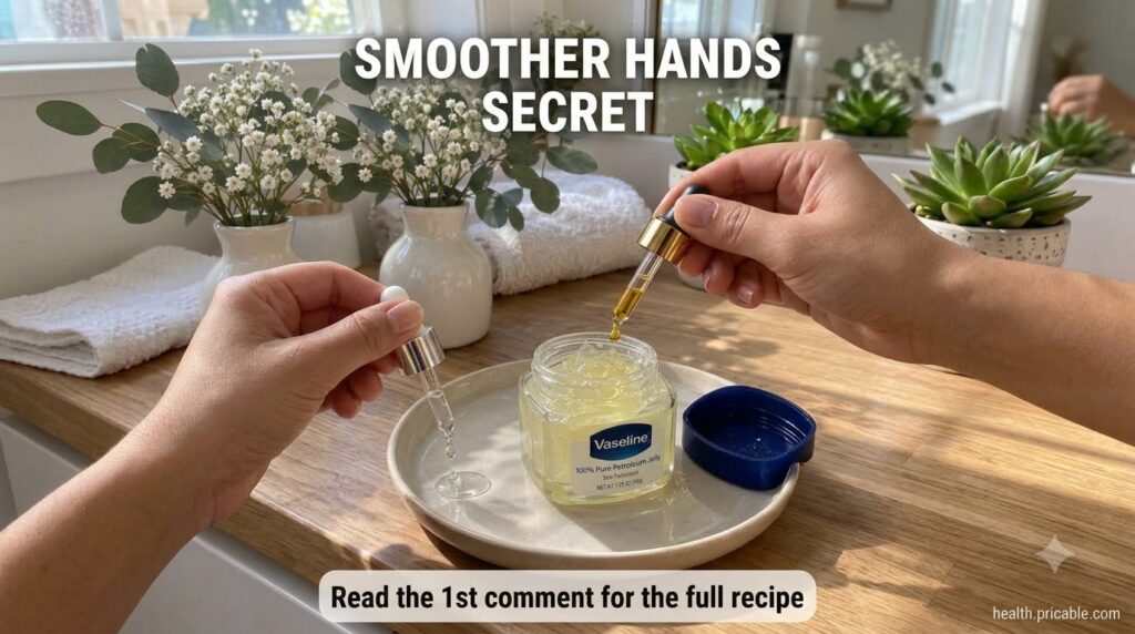 A jar of Vaseline with an amber-colored oil dripping into it from a glass dropper on a clean bright background with soft