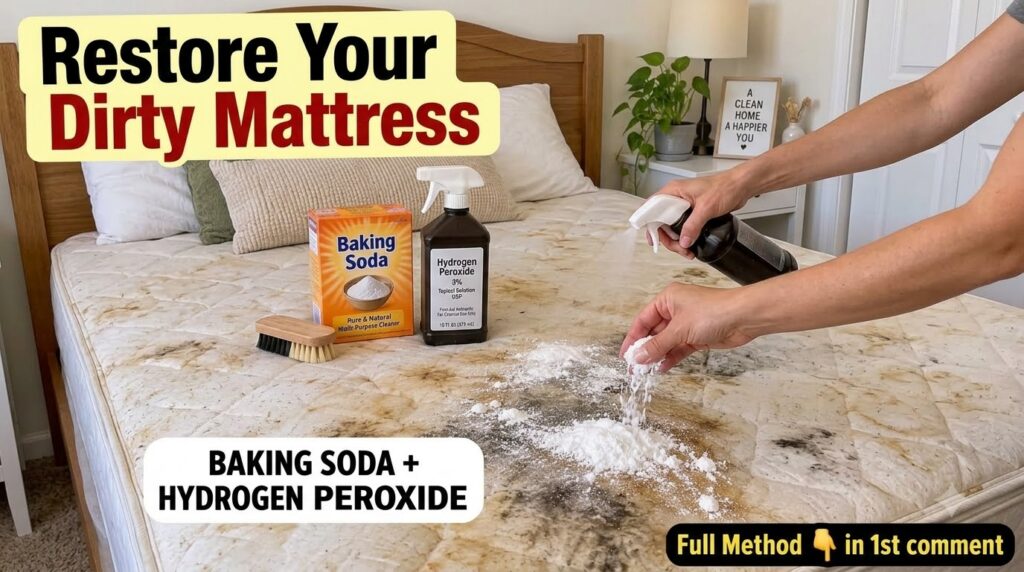 A heavily stained mattress is partially covered by a clean crisp white bedsheet being pulled up by a pair of hands contr