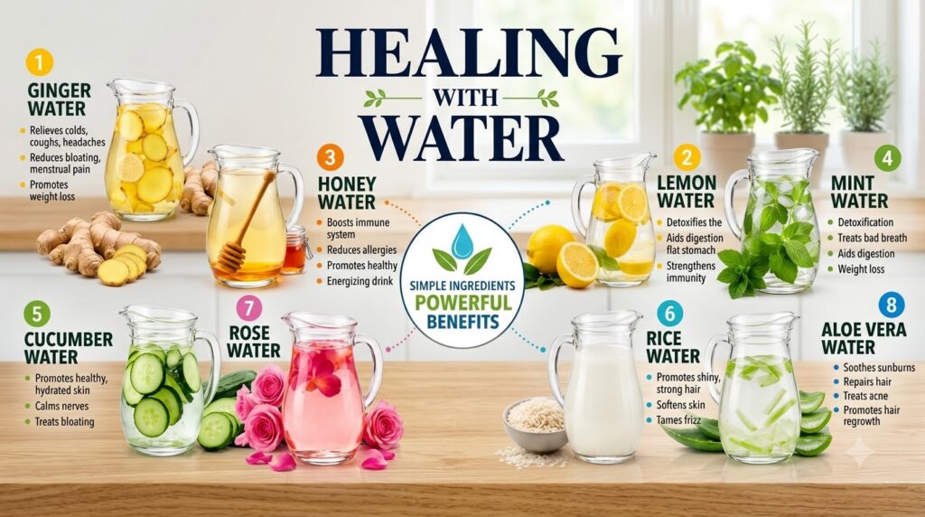 An array of clear pitchers filled with different infused water recipes such as ginger-lemon cucumber-mint berry-basil an