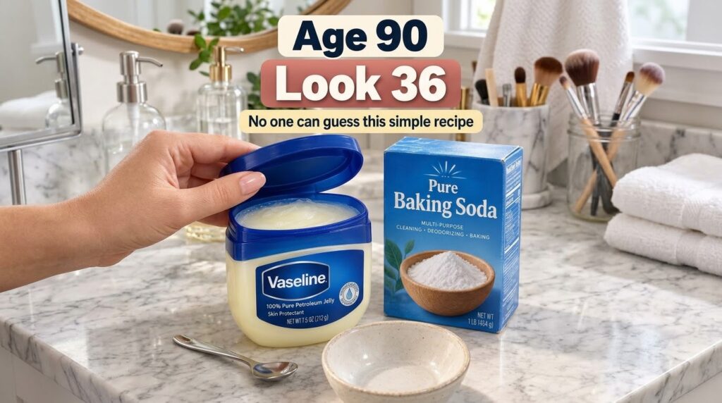 An open jar of petroleum jelly and a box of baking soda on a bathroom counter with an empty ceramic bowl suggesting a DI