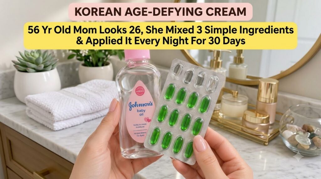 Hands holding a bottle of Johnson s baby oil and a blister pack of green vitamin E capsules in a blurred bathroom settin