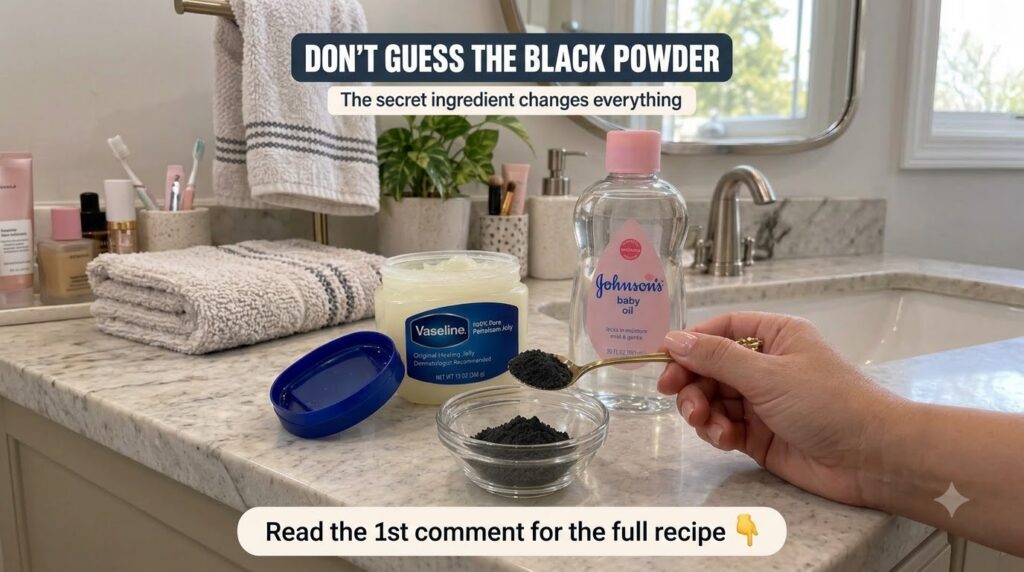 A close-up shot on a bathroom counter showing a jar of Vaseline a bottle of Johnson s baby oil and a small glass bowl co