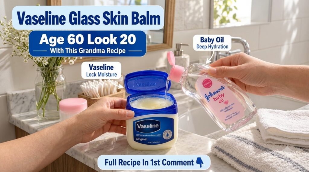 Hands mixing Vaseline Petroleum Jelly and Johnson s Baby Oil in a small jar on a bathroom counter with white flowers in