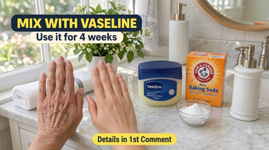 Two hands on a white marble countertop one older and one younger next to a jar of Vaseline baking soda box and bowl of p