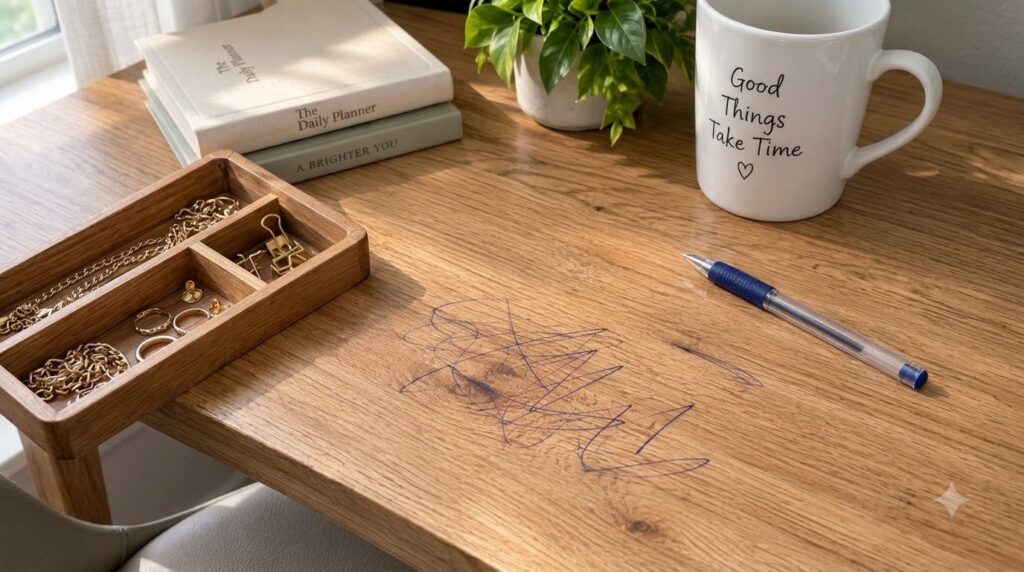 A well-lit wooden desk with a stack of planners a small potted plant a mug with Good Things Take Time and a blue pen The