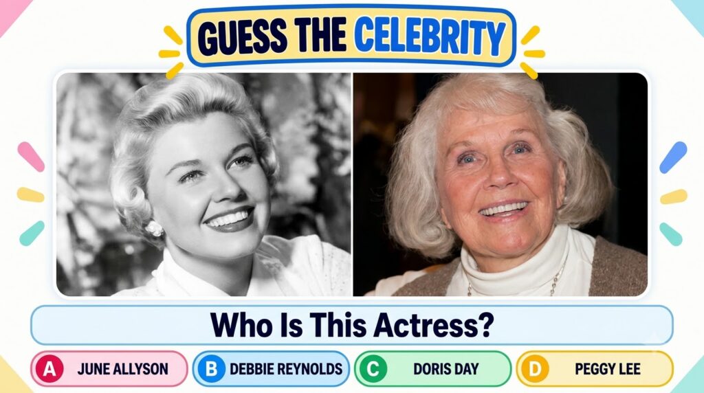 A celebrity quiz image showing two portraits of Audrey Hepburn one young black-and-white and one older in color with the