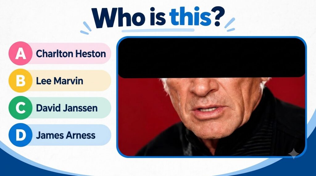 A close-up quiz image of an elderly man s lower face mouth chin and nose with his eyes hidden by a blue bar He has disti