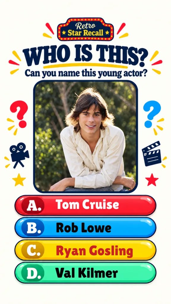 A retro-themed quiz poster featuring a young Rob Lowe smiling with his long hair backlit against a blurred green foliage