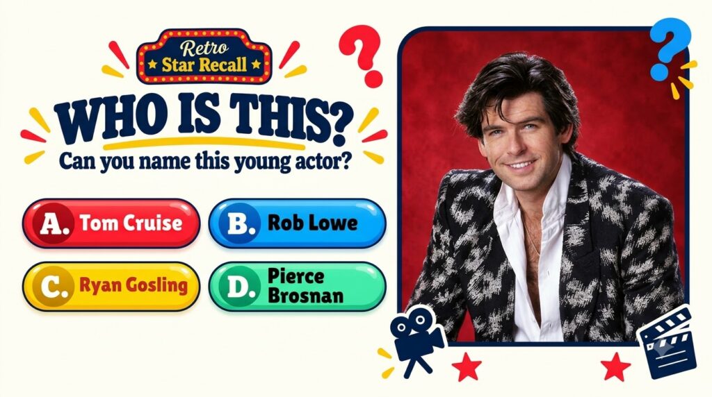 A retro-themed Who Is This quiz social media post featuring a portrait of a young Pierce Brosnan framed centrally agains