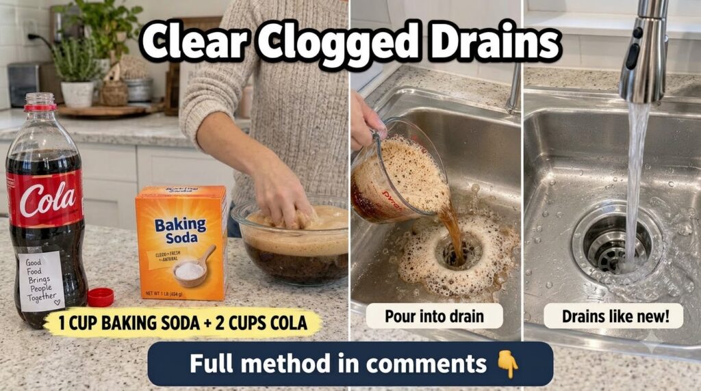 Hands pouring Coca-Cola and powdered sugar into a clear measuring cup on a kitchen counter showing fizzing