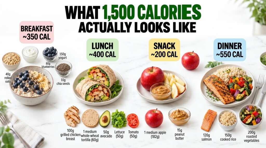 A flat lay image displaying a complete 1 500-calorie daily meal plan separated into breakfast lunch snack and dinner sec